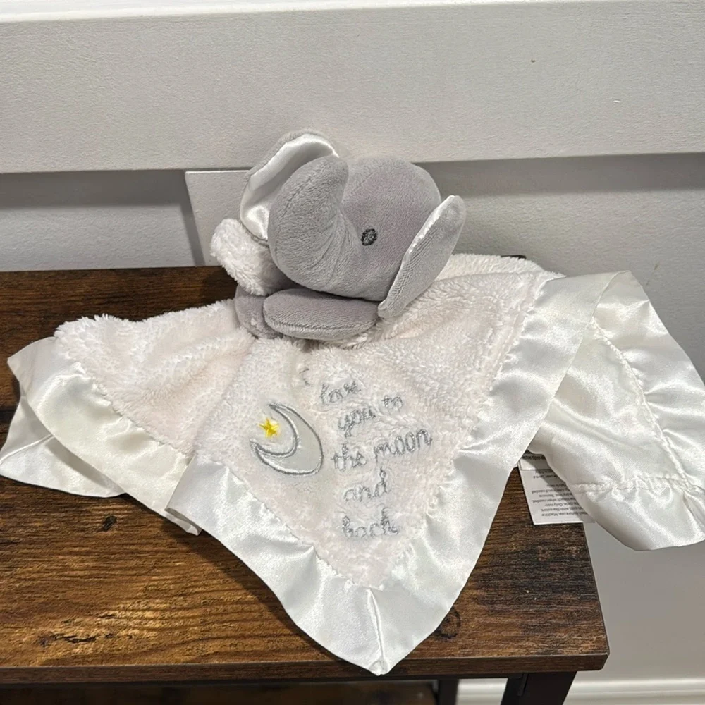 Gray Elephant Rattle Lovey “I Love You to the Moon and Back” blanket plush